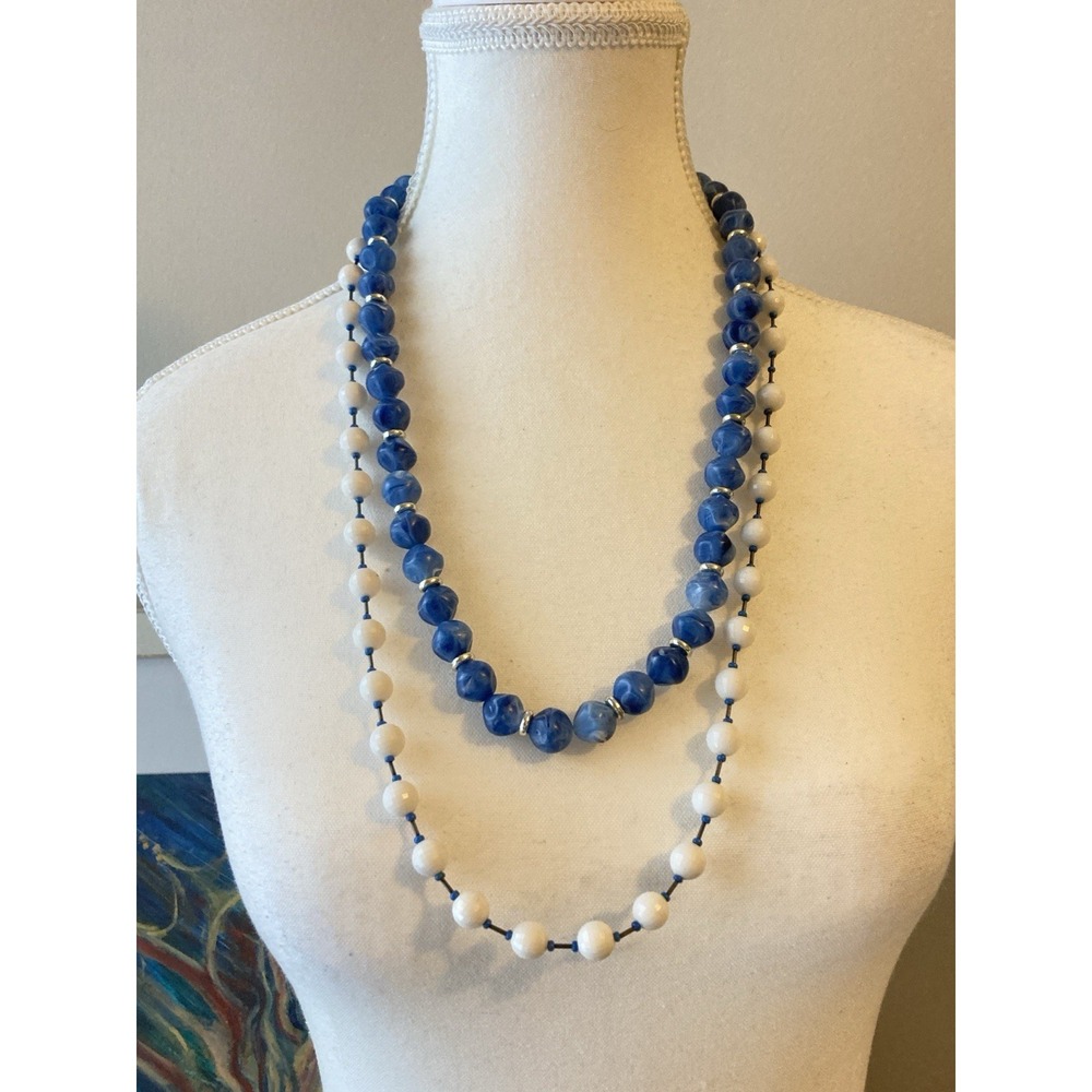 Blue White Beaded Layered Necklace Marbled Coastal Nautical Beachy Stackable